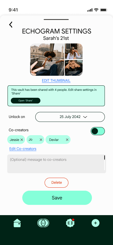 Echogram settings screen with a 2026 unlock date and co-creators